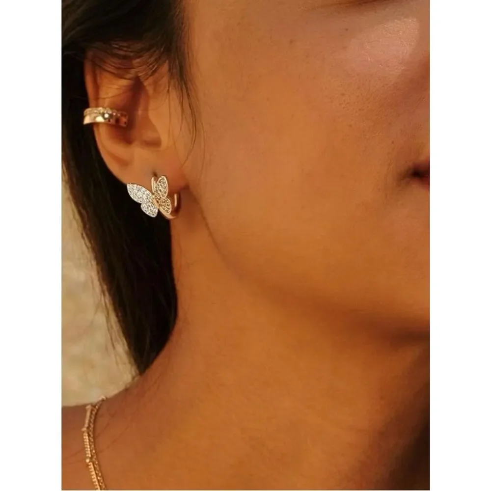 NEW 14k Gold Plated Small Butterfly Cubic Zirconia Huggie Earrings